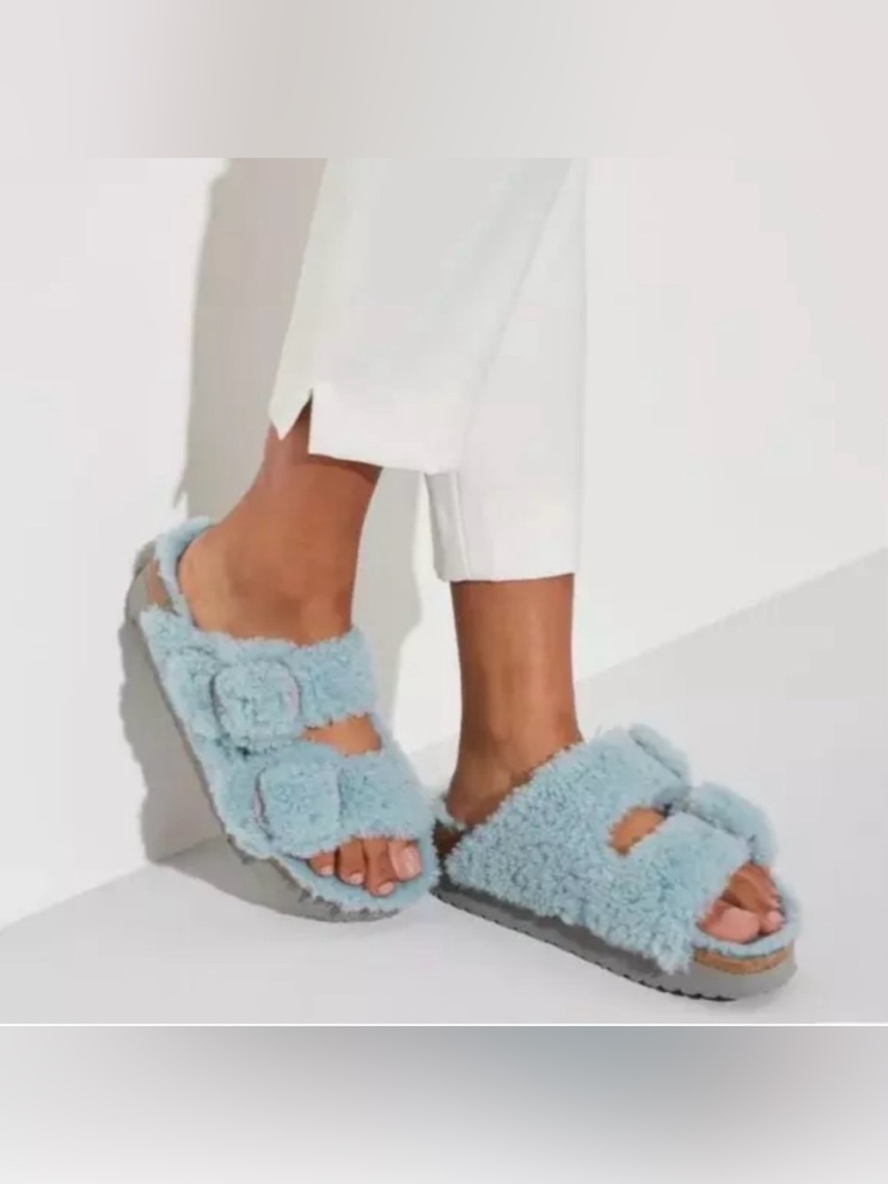 Birkenstock Papillio Arizona Big Buckle TEDDY Faded Aqua Shearling Sandal 4O N